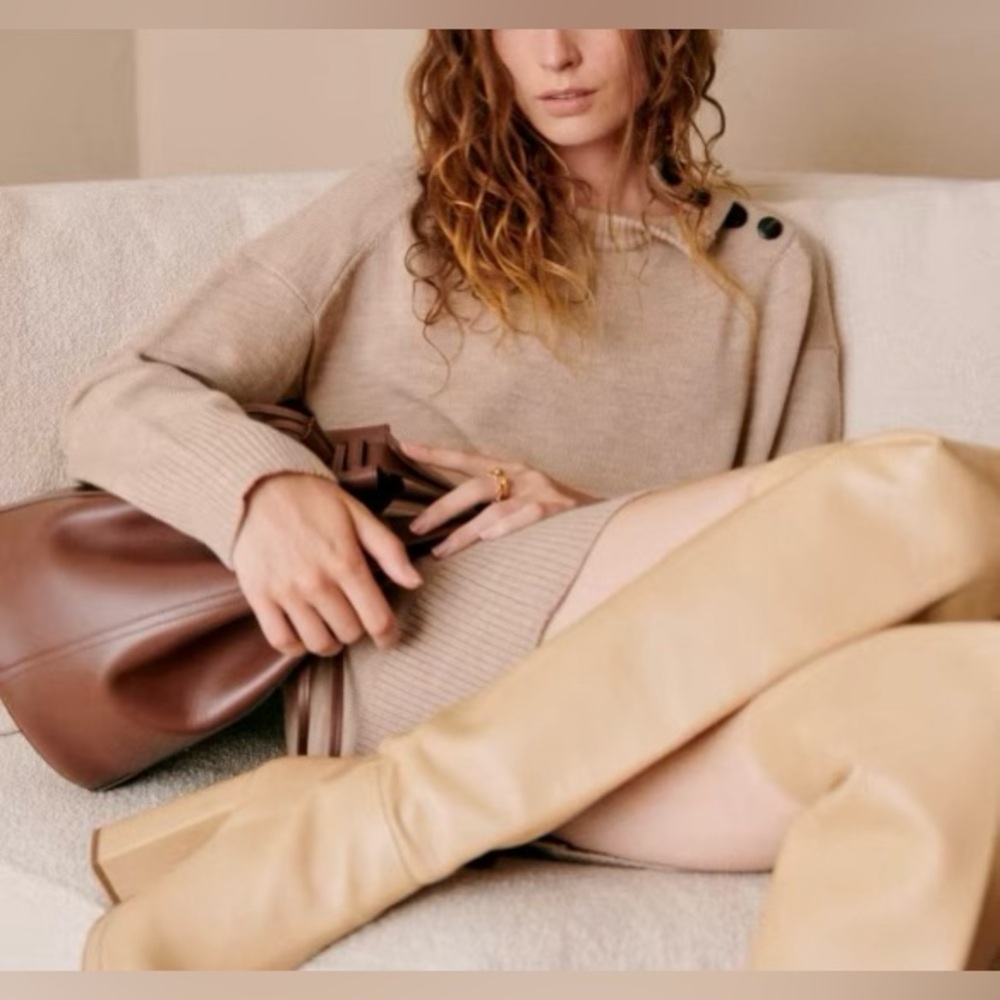 Sezane Mathie 100% Merino Wool Knit Dress - BEIGE CAMEL size XS